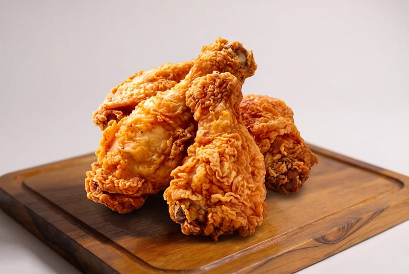 Three crispy fried chicken pieces with golden-brown breading on a wooden cutting board.