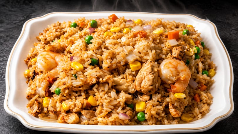 Steaming fried rice with shrimp, chicken, peas, corn, and carrots on a white platter.