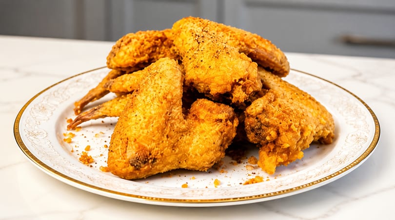 Golden brown fried chicken wings, seasoned with pepper, piled on a white and gold decorative plate.