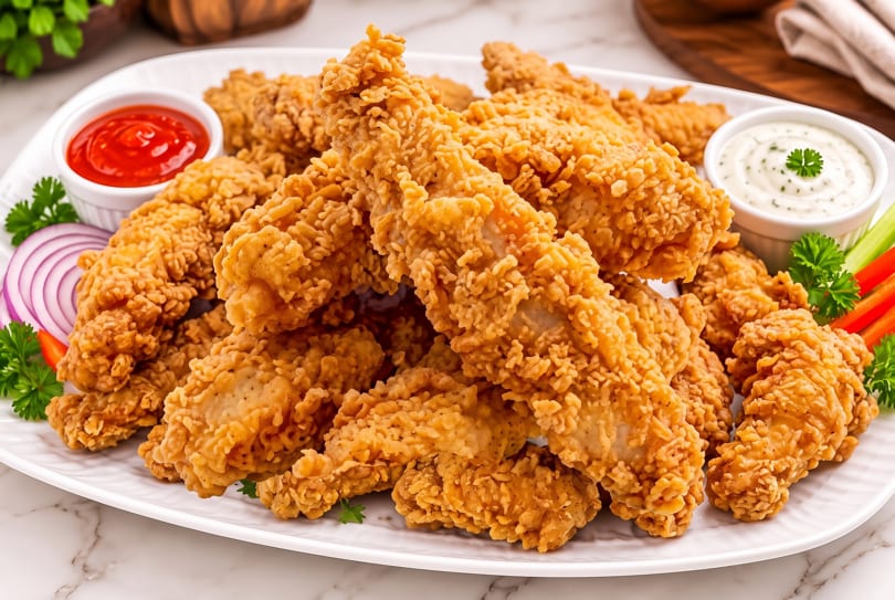 Crispy fried chicken tenders on a white platter with ketchup, ranch, and vegetable garnishes.