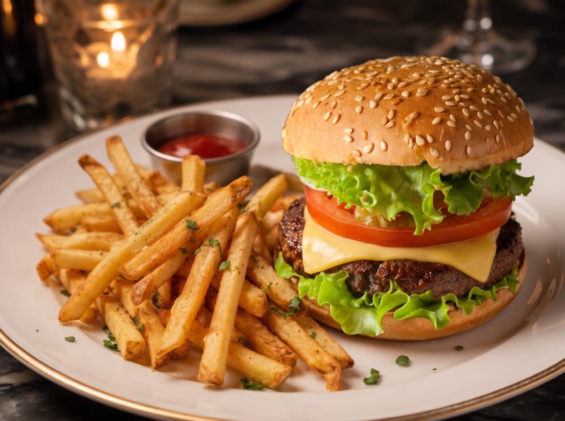 A juicy cheeseburger with lettuce and tomato, served with golden french fries and ketchup.